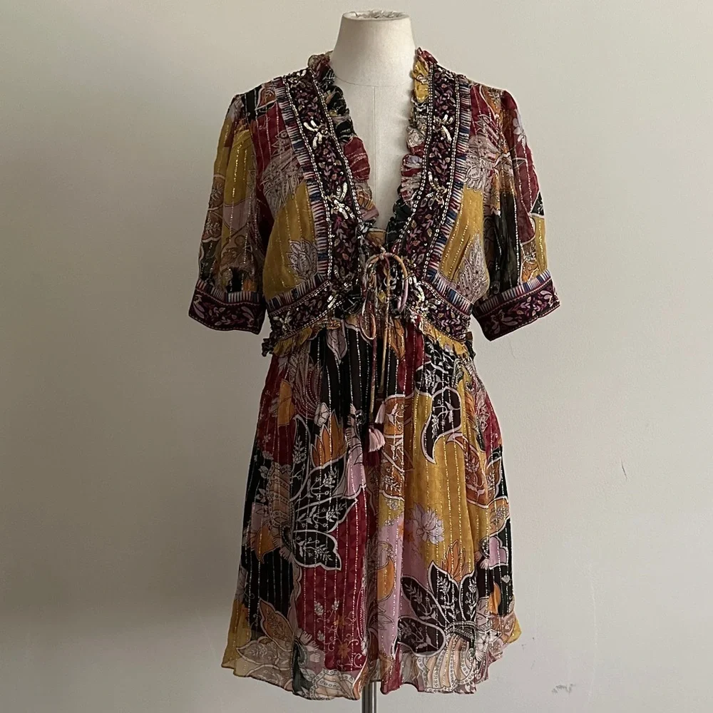 ANTHROPOLOGIE Beaded Sequin Shimmer Mini Dress Bohemian sz Medium - Picture 3 of 9